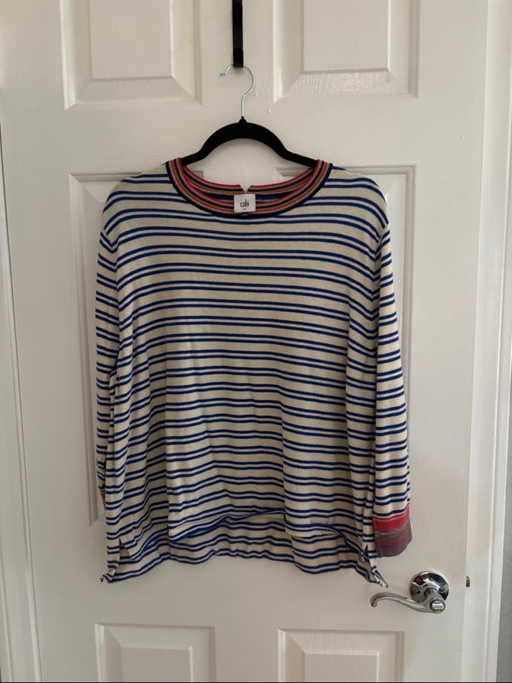 CAbi Cream & Blue Striped Pullover with Red Trim